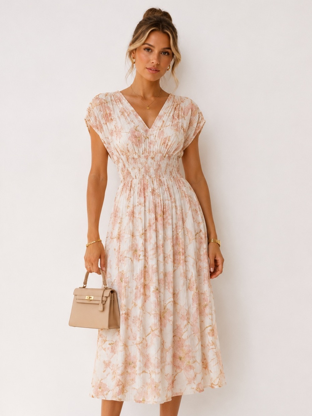 $595 Vince Flora Cape Sleeve Blush Pink Floral V-Neck Smocked Midi Dress Small